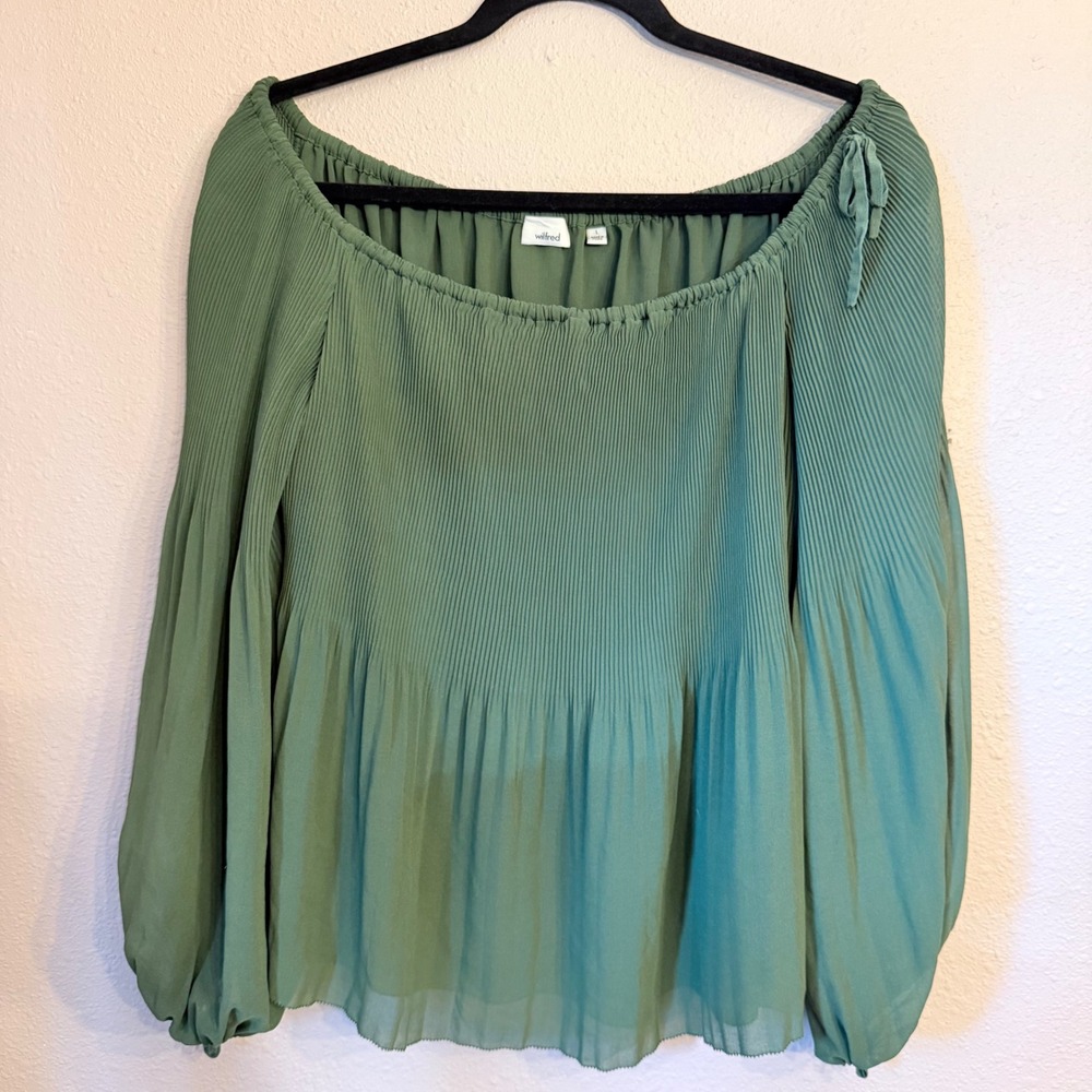 Wilfred Aritzia Sage Green Pleated Off Shoulder Balloon Sleeve Blouse Large